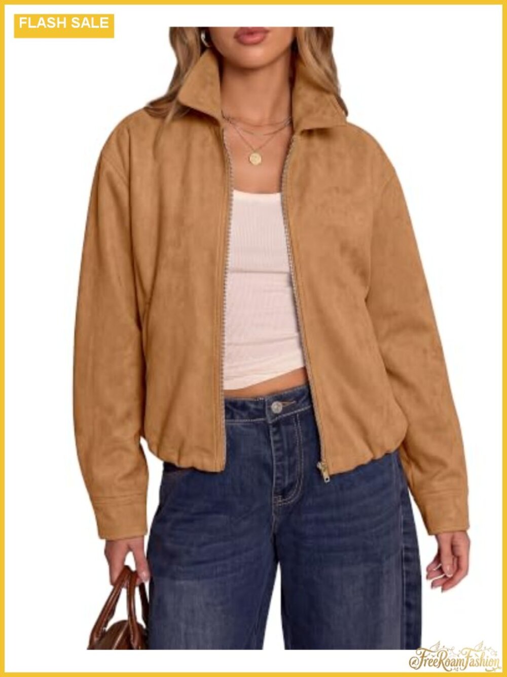 Faux Suede Cropped Jacket for Women Oversized Fall Coat Zip Front